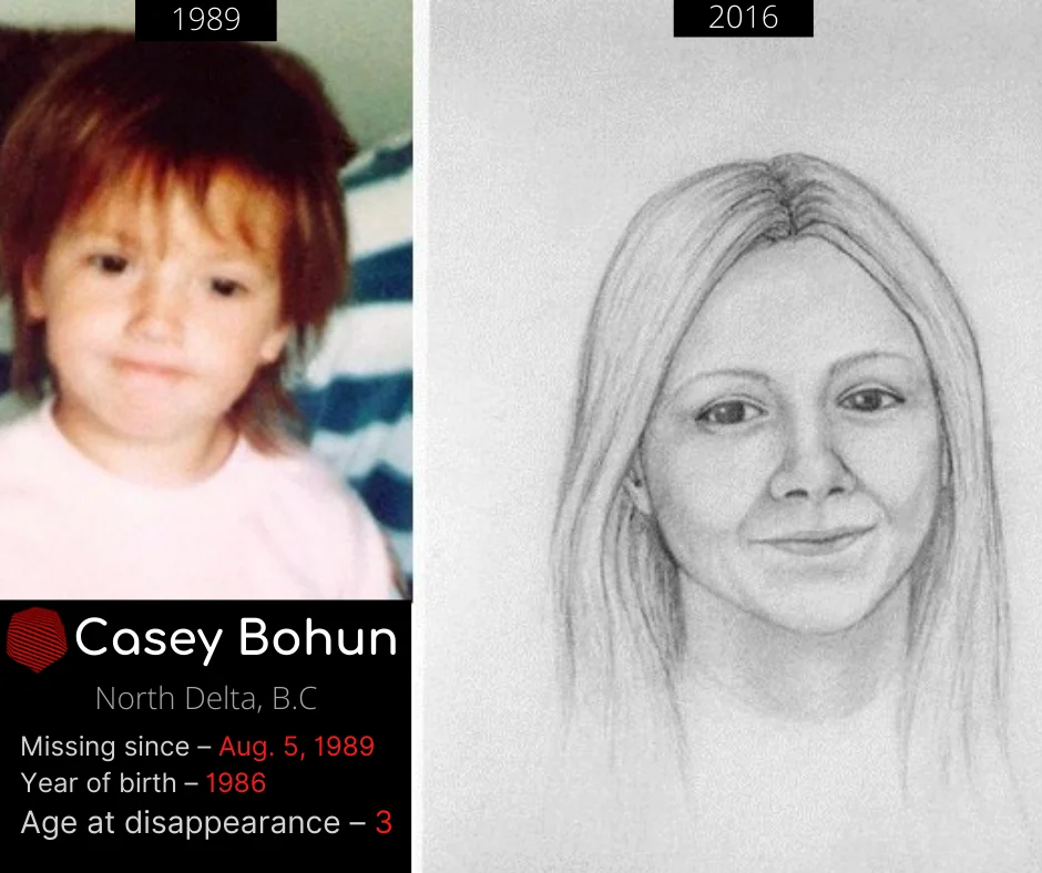 Casey Bohun when she went missing and what she might have looked like in 2016